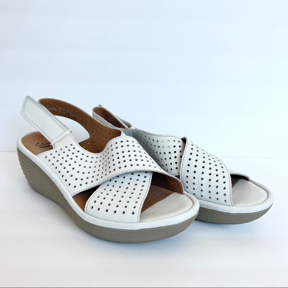 Clarks White Eyelet Leather Wedge Sandals